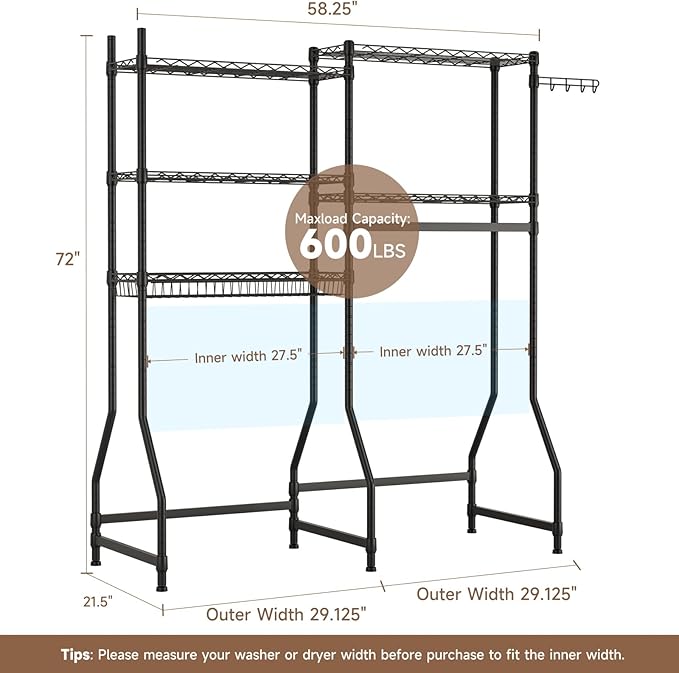Over Washer and Dryer Shelves,Heavy Duty Laundry Room Storage Organization Clothes Drying Rack,5 Tier Adjustable Height Wire Shelving and Wire Basket with Hanger Rod&Hook,Space Saving Shelf | Heavy Duty, Clothes Drying Rack, Adjustable Height, Hanger R...