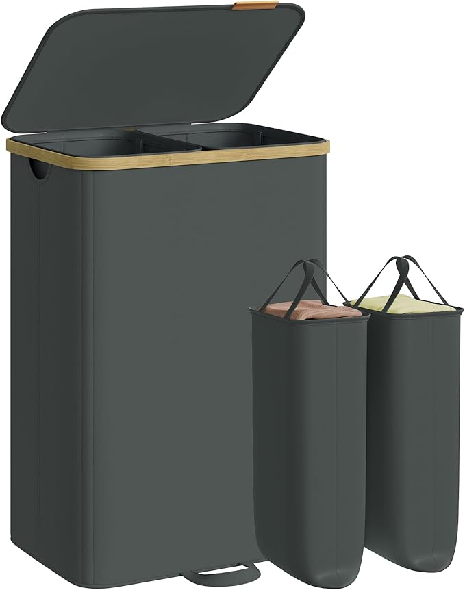 SONGMICS Laundry Hamper, Laundry Sorter with Lid, Storage Basket Bin, Removable Liners, Bamboo Frame, for Bedroom, 2 Sections, 39.6 Gal. (150 L), Slate Gray ULCB532GN01