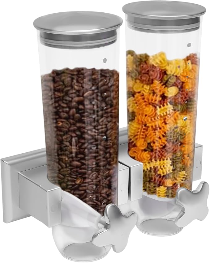 2 Pack 3L/101oz Food Dispenser Wall Mounted Grain Dispenser with 2 Cups Candy Storage Container Double Dry Food Dispensers Wall Mount for Coffee Beans, Nuts, Rice, Millet, Beans (Silver)