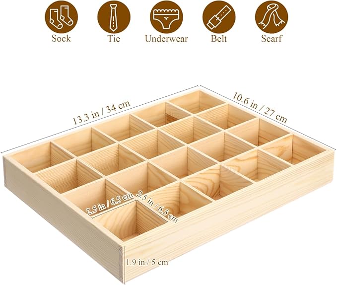 Gatuida Underwear Storage Case, 20 Compartments Sock Organizer, Wooden Drawer Organizer Divider Sundries Container Storage Box for Socks Panties, 13.38 x 10.62 x 1.96 inches