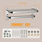 DDS-DUDES 15 Inch Bathroom Towel Rack Towel Shelf with Double Towel Bars Lavatory Wall Mount Holder with Hooks Stainless Steel Hotel Bath Rack