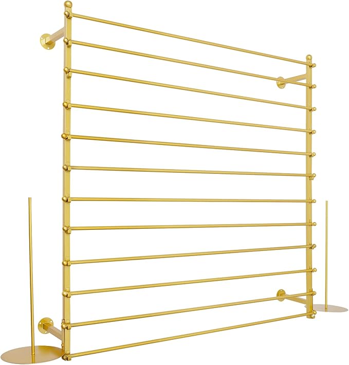 Heavy Duty Iron Ribbon Organizer Rack Wall Mounted, 12-Rod Modern Metal Craft Organizer for Ribbons, Wrapping Paper, Vinyl Rolls, Space Saving Storage Rack for Florist, Home (Gold)