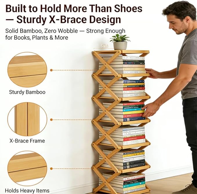 The 9-Tier No-Assembly Bamboo Rack, Foldable Stackable 9 Tier Bamboo Shoe Rack Vertical Storage Sturdy & Stable, Tall Narrow Space-Saving Expandable Shoe Rack for Entryway Closet Dorm (Brown,6 Tiers)