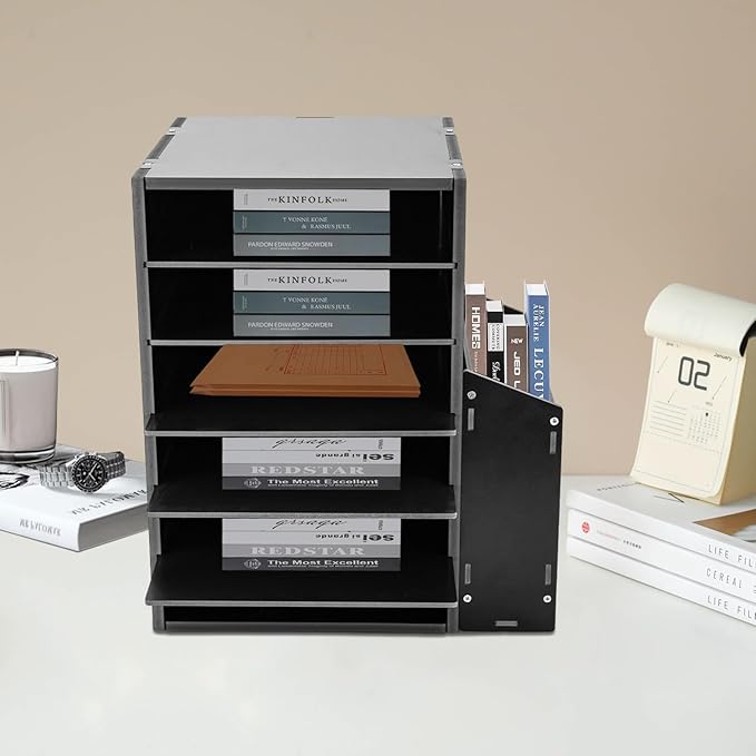 Literature Organizers With Side Storage cabinet, 6 Compartments Office Mailbox with Adjustable Shelves, PVC Board Literature Sorter for Office, Home, Classroom, Mailrooms Organization, Black