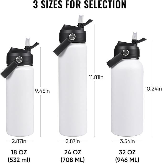 24oz Insulated Stainless Steel Water Bottle, Wide Mouth Double Wall Vacuum, Silicone Straw, Sweat & Leak Proof, BPA Free Insulated Water Flask for Travel, Keep Cold 24h Hot 12h, White