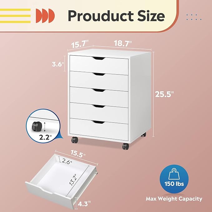 DEVAISE 5-Drawer Chest, Wood Storage File Cabinet with Wheels, White