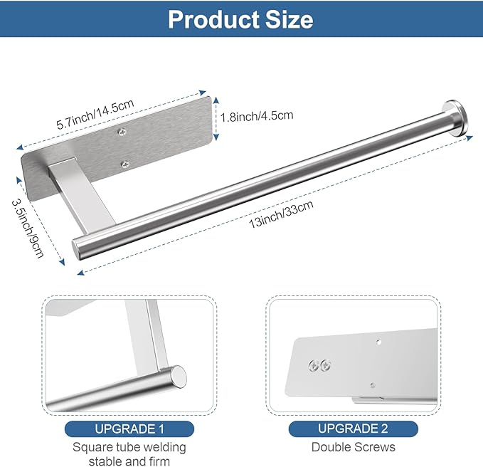 Paper Towel Holder Under Cabinet, Upgraded Adhesive Paper Towel Holder Wall Mount for Kitchen, Bathroom, RV, Bend-Resistant, Self-Adhesive or Drill mounting, Stainless Steel, Silver