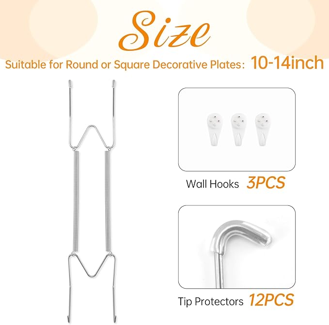 Bilillo 3 Pack Plate Hangers for The Wall, Suitable for 10-14 inch Art Plate, Stainless Steel Invisible Heavy Duty Wire Plate Holder with Wall Hooks, Plate Hangers for Displaying Plates, Silver