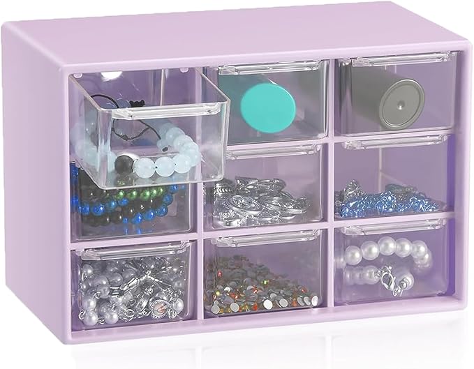 6 Pcs Small Drawer Organizer for Desk, Mini Desktop Drawer Organizer with 9 Clear Drawers, Plastic Desktop Craft Storage Box for Desk Office School Home 7.1" x 3. 8" x 4.6" (Purple)