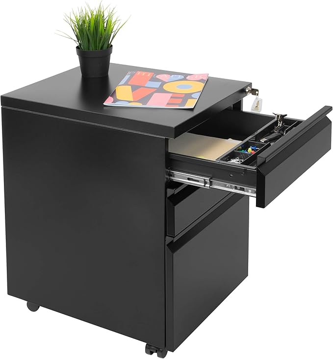 Mount-It! 3 Drawer File Cabinet with Lock and Wheels, Heavy-Duty Steel Rolling Drawer Cabinet, Fully Assembled Under Desk Filing Cabinet for Home Office Storage, 15.3" W x 19.75" D x 24.5" H, Black
