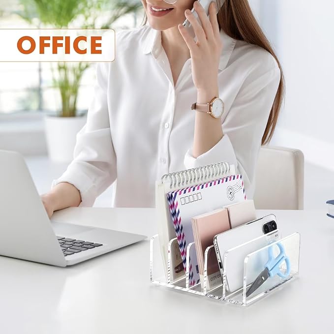BEYGORM Acrylic Mail Holder, Clear Multifunction Desk Organizer with Divider, Vertical Letter Sorter for Desktop, 5 Compartments Modern Office Home Envelope Organizer for Bill, Document, Folder