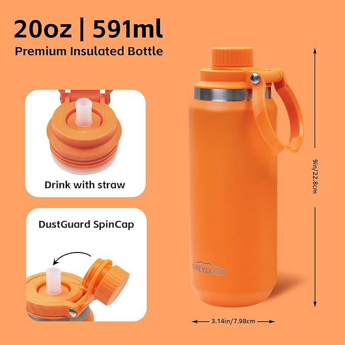 Greylock 20 oz Insulated Water Bottle with Straw Lid, Reusable Stainless Steel Sports Water Bottles with Foldable Handle, Leak Proof, Double-Wall Vacuum Insulation, 24 Hours Cold(Tangerine)