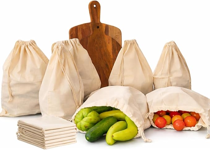 Premium Quality 10"x12" Cotton Single Drawstring Muslin Produce Bags, Pack of 12, Multiuse - kitchen storage, Travel, Soap & Boot Storage, shoe bags - Natural