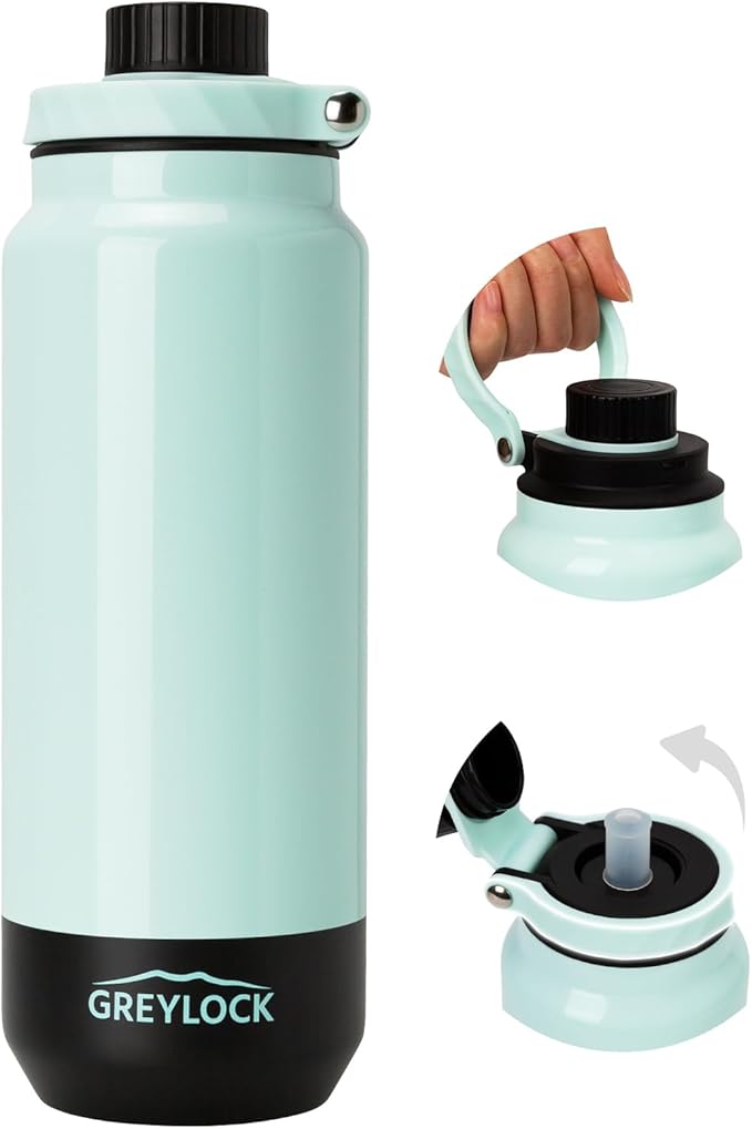 GREYLOCK 40 oz Insulated Water Bottle with Straw Lid, Leakproof Reusable Stainless Steel Vacuum Flask, 24hr Cold & Hot, Carry Handle & Silicone Spout, BPA-Free for Gym, Hiking, Travel,Teal
