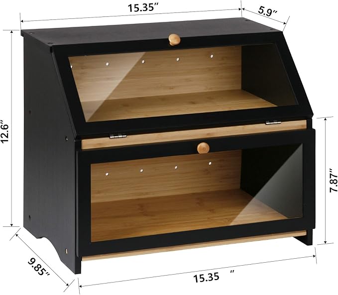 HOMEKOKO Double Layer Large Bread Box for Kitchen Counter, Wooden Large Capacity Bread Storage Bin (Black)