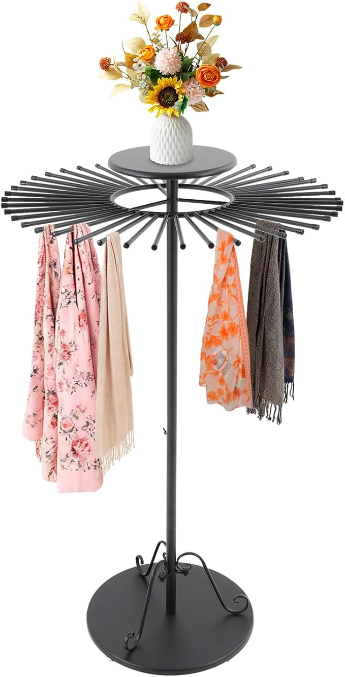 Scarf Display Stand 45-Arm Scarf Holder Organizer Freestanding Scarf Hanger 360° Rotating Rack for Home and Clothing Store (Black, 45 Rods)