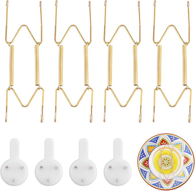 4 Pack Plate Hangers for Wall, Suitable for 6-8 inch Art Plate, Stainless Steel Invisible Heavy-Duty Wire Plate Holder with Wall Hooks, Display Hanger for Decorative Plates/Dishes/Platters(Gold)