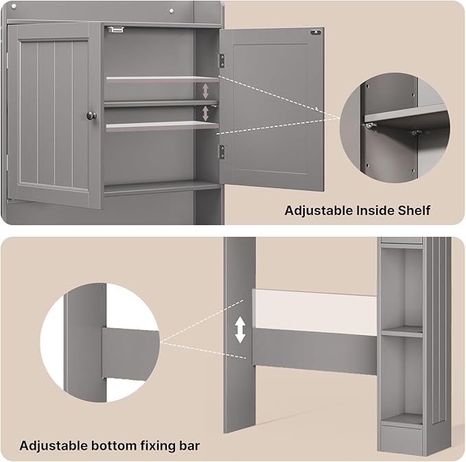 Ahomly Over The Toilet Storage Cabinet, 32.3" W Over Toilet Bathroom Organizer with Doors, Adjustable Shelves, Toilet Paper Holder, 2 Side Hooks, Space-Saver for Bathroom, Laundry, Grey