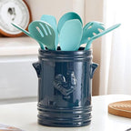 WAIT FLY Embossed Rooster Porcelain Kitchen Utensil Holder Flatware Storage Organizer Utensil Crock for Countertop Kitchen Counter Decor-Blue
