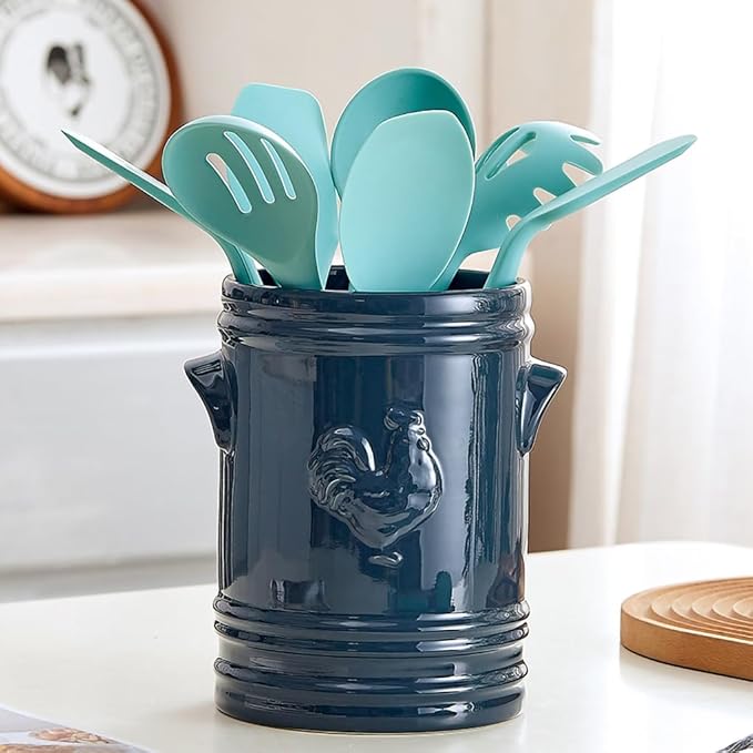 WAIT FLY Embossed Rooster Porcelain Kitchen Utensil Holder Flatware Storage Organizer Utensil Crock for Countertop Kitchen Counter Decor-Blue