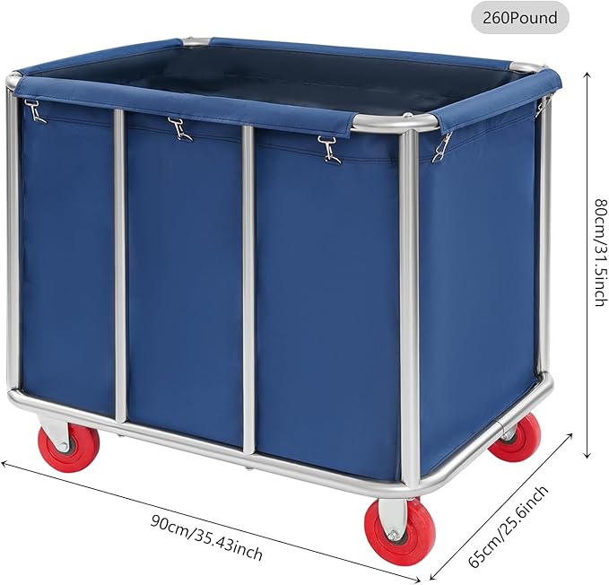 Commercial Laundry Cart with Wheels, 260LBS Laundry Cart Stainless Steel Rolling Laundry Hamper, Laundry Sorter Rolling Cart with Removable Oxford Cloth Bag for Hotel, Home, Hospital (Blue)