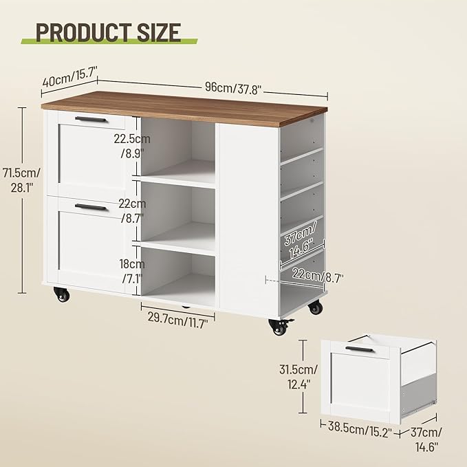 Lateral File Cabinet, Printer Stand with File Drawers and Open Shelves, 2-Drawer Mobile Lateral Filing Cabinet with Locking Casters, for Home Office Storage, Walnut and White