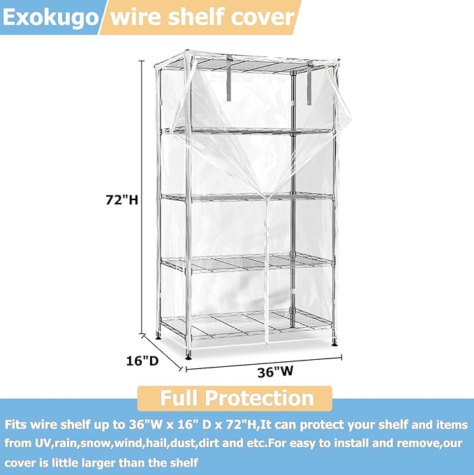 Wire Shelf Cover,600D Heavy Duty 100% Waterproof Shelf Covers for Wire Shelving,Outdoor Storage Shelves Cover for Metal Rack,36" W x 16" D x 72" H,Clear