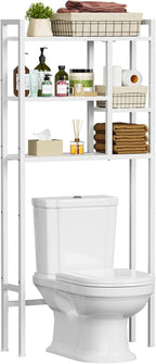 Over The Toilet Storage Rack, 3-Tier Bathroom Organizer Over Toilet, Wooden Above Toilet Storage Shelf, Space Saver, Freestanding Bathroom Storage Metal Shelf, Easy to Assemble, White