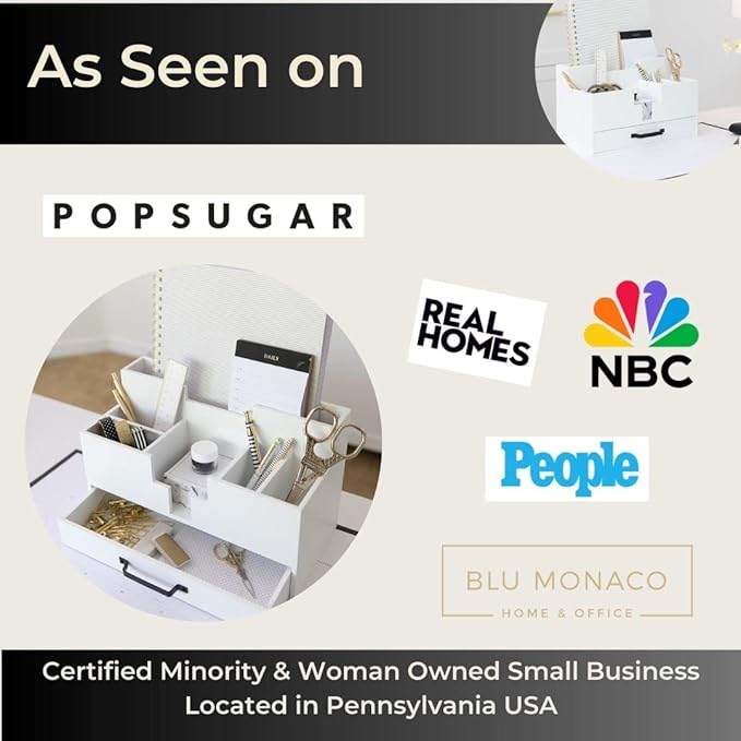 BLU MONACO | White Wood Desk Organizer with Drawer | Compact Desktop Mail & Office Supplies Storage with 6 Compartments | Modern Home Office Accessories for Women, Kitchen Counter & Reception Areas