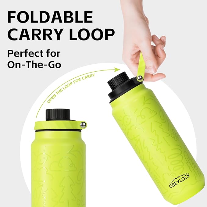 GREYLOCK 32 oz Insulated Water Bottle with Straw Lid, Leakproof Reusable Stainless Steel Vacuum Flask, 24hr Cold & Hot, Carry Handle & Silicone Spout, BPA-Free for Gym, Hiking, Travel,Green