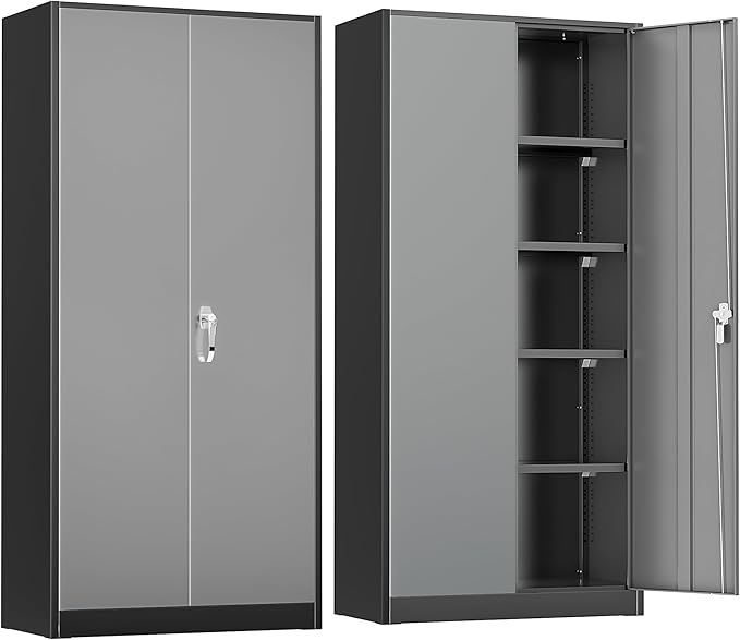 INTERGREAT Metal Storage Cabinet with Lock,72" Steel Lockable File Locker Cabinet with Locking Doors and Adjustable Shelves, Storage Lockers for Office, Home, Garage, Gym, School (Black Grey)