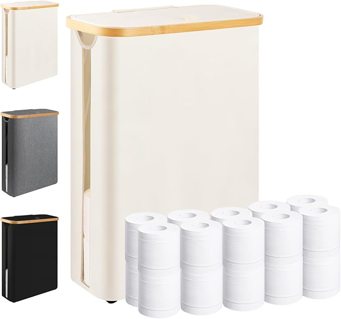 Extra Large Toilet Paper Storage Basket with Lid 49L Slim Toilet Paper Basket Holder Bin Container Organizer for Bathroom Hold up to 20 Regular Rolls or 15 Mega Rolls