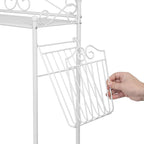 MyGift Over The Toilet Standing Shelf Storage with Magazine Basket, Freestanding Bathroom Space Saver Organizer Rack, White Metal Vintage Scrollwork Accents