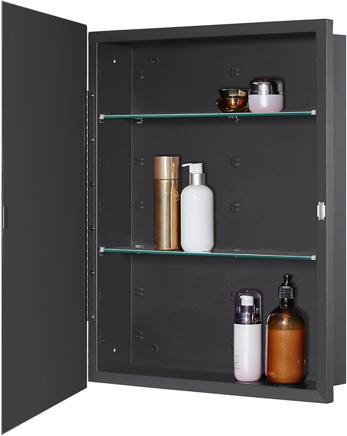 Black Bathroom Medicine Cabinet with Beveled Edge Mirrored Door 20 x 26 inch, Recessed or Surface Mount, with Adjustable Glass Shelves