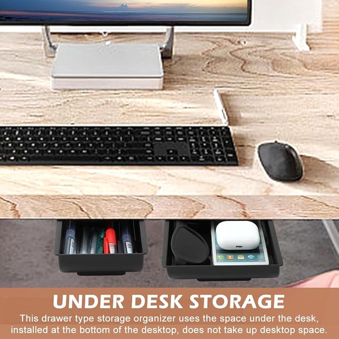 2pcs Under Desk Drawer, Table Hidde-n Slide Out Pencil Holder Self-Adhesive Desk Drawer Storage Tray Attachable for Stationery Home Office School (COLOR:black)