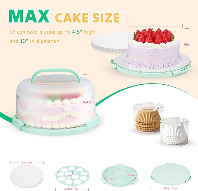 Cake Carrier with Lid and Handle, Bpa-Free Cake Holder with Lid for 10 Inch Round Cake Carrier with 10 pcs Round Golden Cake Boards and Portable Insulated Bag & Two Boxes of Cupcake Paper Liners
