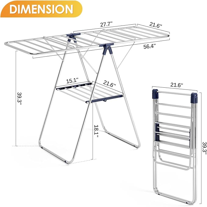 KINGBOARD Clothes Drying Rack,Stainless Steel Laundry Drying Rack with Height-Adjustable, Foldable Gullwing for Easy Storage, No Assembly, Indoor Outdoor Use, 56.4" D x 21.6" W x 39.3" H, Blue