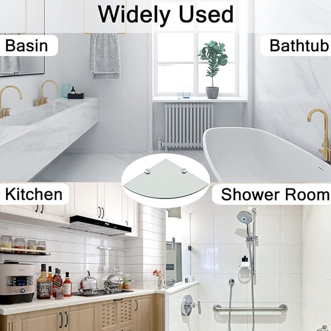 SAYAYO Glass Corner Shelf for Wall, 10 X 10 Inch Chrome Tempered Floating Glass Shelves for Bathroom 1 Pack, Clear