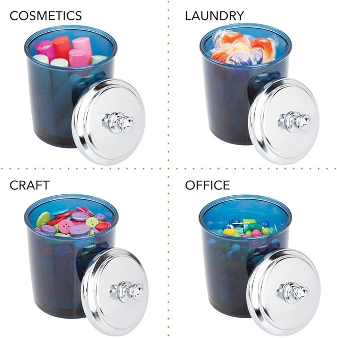 mDesign Bathroom Vanity Storage Organizer Apothecary Canister Jar for Cotton Balls, Swabs, Makeup Sponges, Bath Salts, Hair Ties, Jewelry - Dark Blue/Chrome Lid