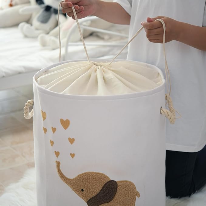 INough Baby Laundry Basket Laundry Hamper, Canvas 58L XL Baby Clothes Basket, Collapsible Brown Laundry Basket for Nursery Toy Baskets with Drawstring Closure, KidsRoom Decor for Boys
