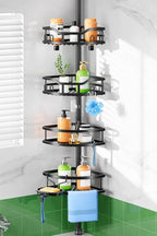 HAMITOR Shower Caddy Tension Pole: Rustproof Quick Install Corner Bathroom Organizer Shelf on Floor for Renters - 4-Tier Large Capacity Storage Rack with Soap Holder for Apartment -47-121 Inch/Black