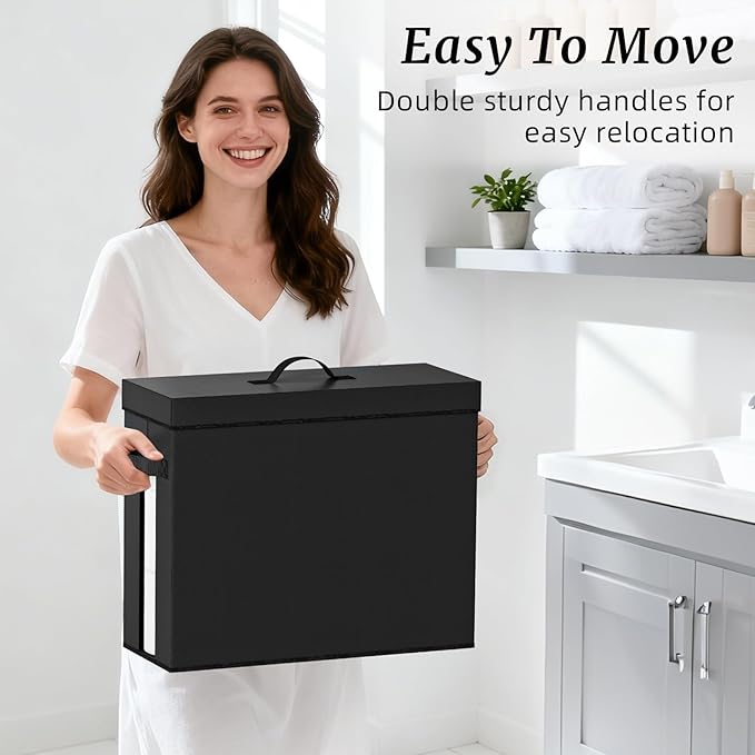 Bathroom Toilet Paper Storage with Lid - for Up to 12 Rolls | Storage Bins with Lids for Towel or Yarn | Free Standing | Foldable | Moisture Resistant | Clear Plastic Window | Black | 2 Pack