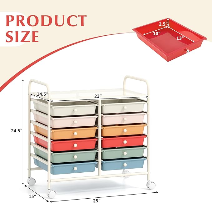 GOFLAME 12-Drawer Rolling Storage Cart, Multifunctional Art Craft Organizer Cart, Mobile Utility Storage Cart with Removable Drawers & Lockable Wheels, Craft Cart for Home Office School, Macaron Color