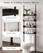 ALLZONE 4 Tier Over The Toilet Storage, Adjustable Wood Over Toilet Bathroom Organizer, Freestanding Shelves, Fit Most Showers Over The Toilet Shelf, 92 to 116 Inch Tall, Black