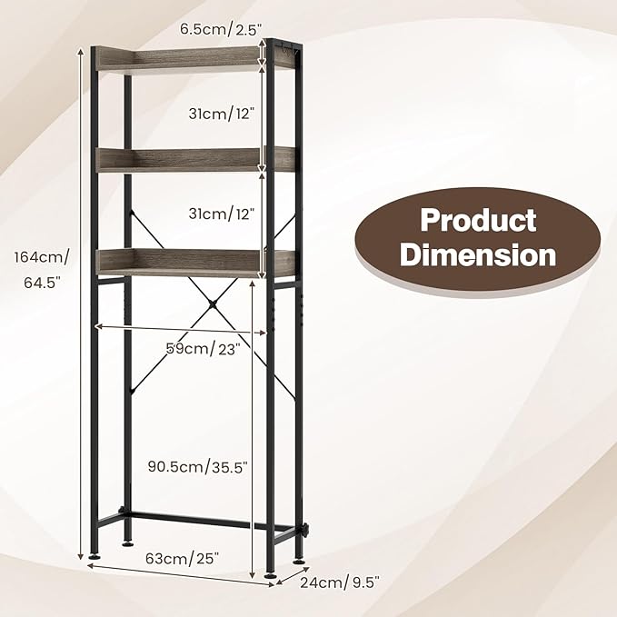 Giantex Over The Toilet Storage Shelf, 3-Tier Freestanding Space Saver Above Toilet with 4 Hooks, Adjustable Bottom Bar, Over Toilet Bathroom Organizer for Restroom, Laundry, Easy Assembly