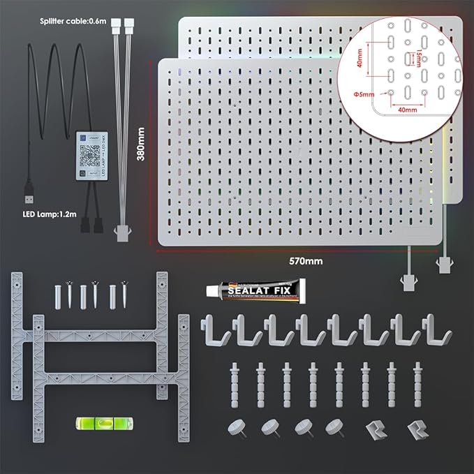 Pegboard Wall Organizer with Built-in RGB Ambient Lighting Strip, White Peg Board with Hooks for Office, Kitchen, Gaming Room, Desk Storage Display Rack, 2PCS 22 * 14.8 inch