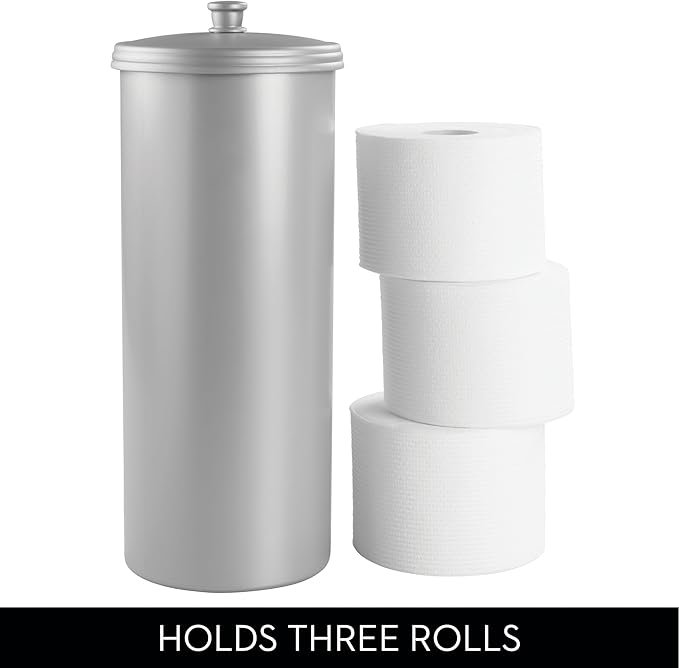 iDesign Freestanding Bathroom Toilet Paper Storage Holder with Lid for 3 Extra Rolls, Silver
