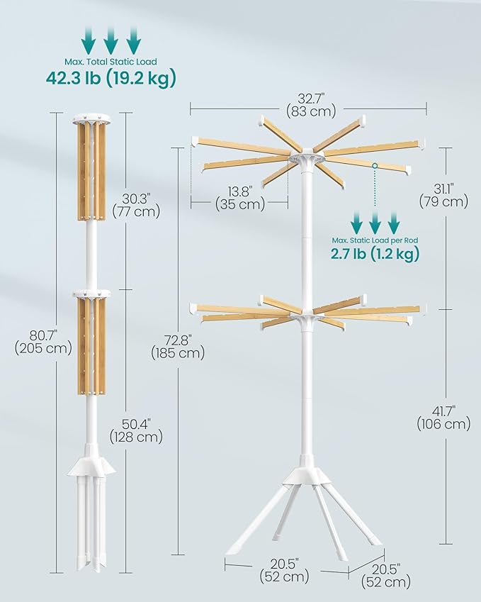 SONGMICS Clothes Drying Rack 2-Tier, with Bamboo Hanging Rods, Foldable Metal Laundry Rack, Space-Saving, Free-Standing Airer, Indoor Use, White and Natural ULLR517W01