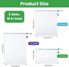 18 PCS Reusable Produce Bags, Heavy Duty Washable Mesh Grocery Bags with Drawstring, See-Through Food Safe Mesh for Fruits Vegetables Toy Storage, Multi-Size S/M/L