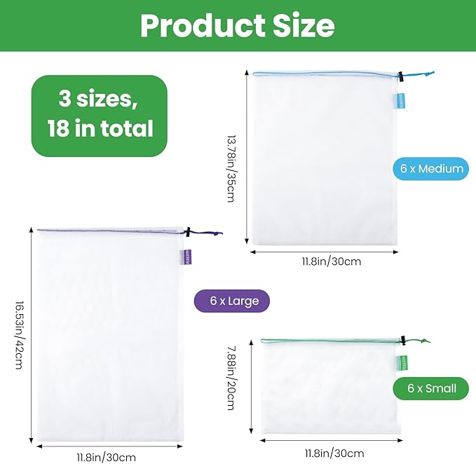 18 PCS Reusable Produce Bags, Heavy Duty Washable Mesh Grocery Bags with Drawstring, See-Through Food Safe Mesh for Fruits Vegetables Toy Storage, Multi-Size S/M/L